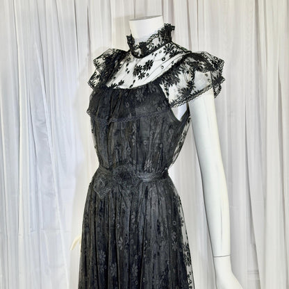 1970s Vintage Black Lace Maxi dress, High neck ruffle evening gown