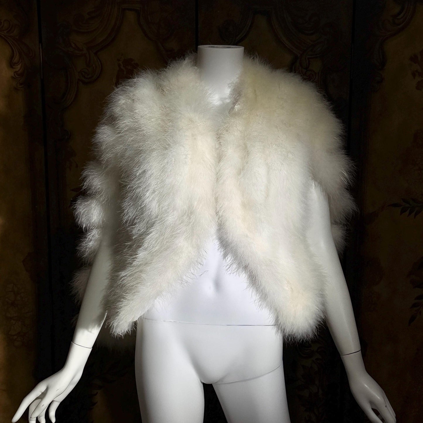 1970s Vintage Marabou feather cape jacket, Snowy white disco bridal capelet evening stole