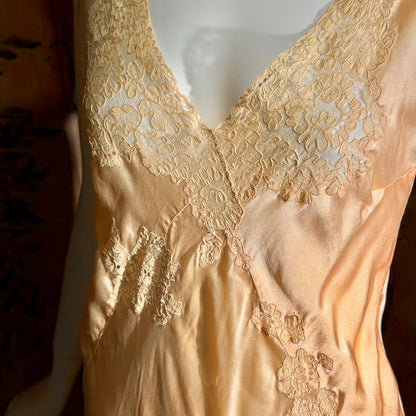 vintage 1930s Peach silk dress, Alencon Lace bias cut lingerie dress, medium