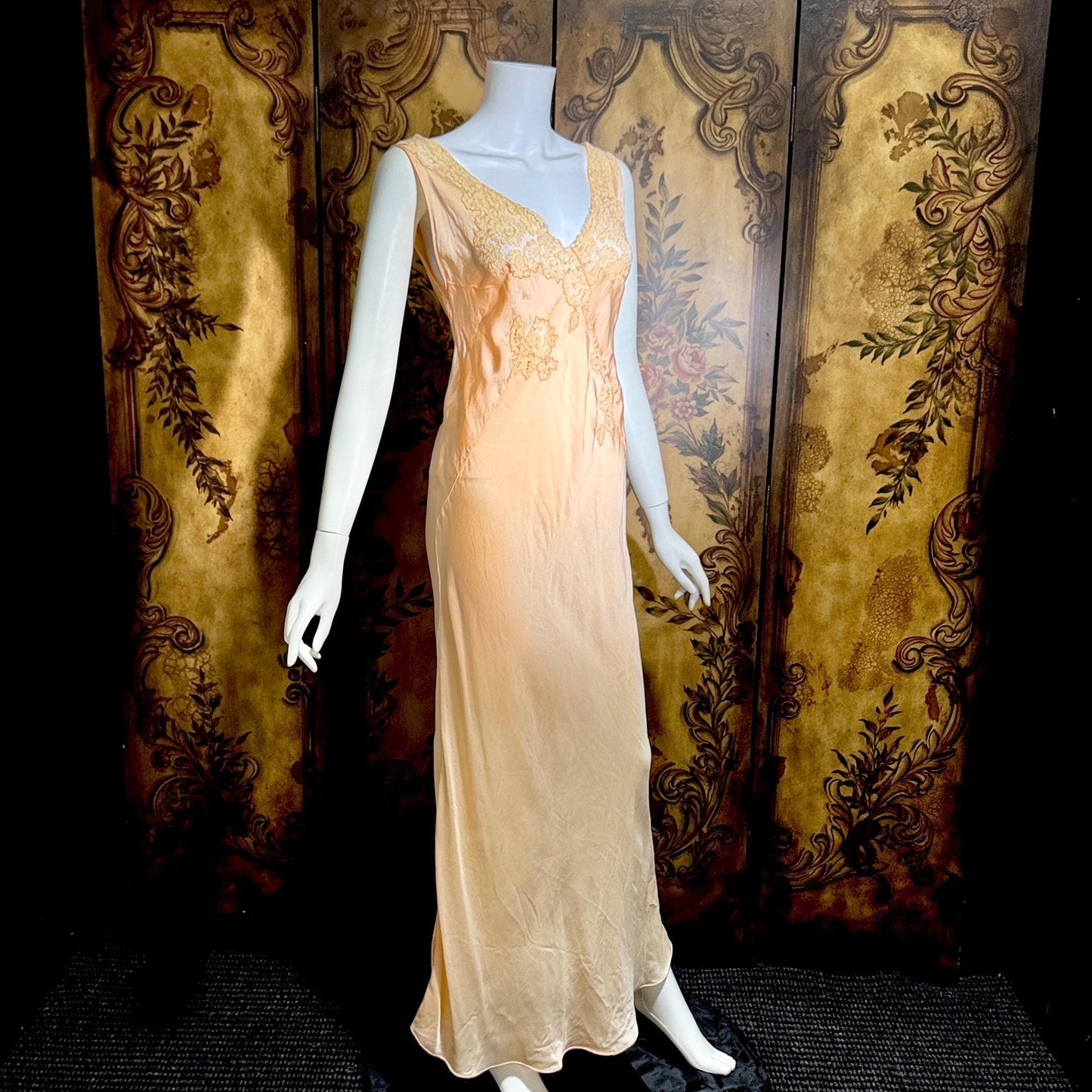 vintage 1930s Peach silk dress, Alencon Lace bias cut lingerie dress, medium