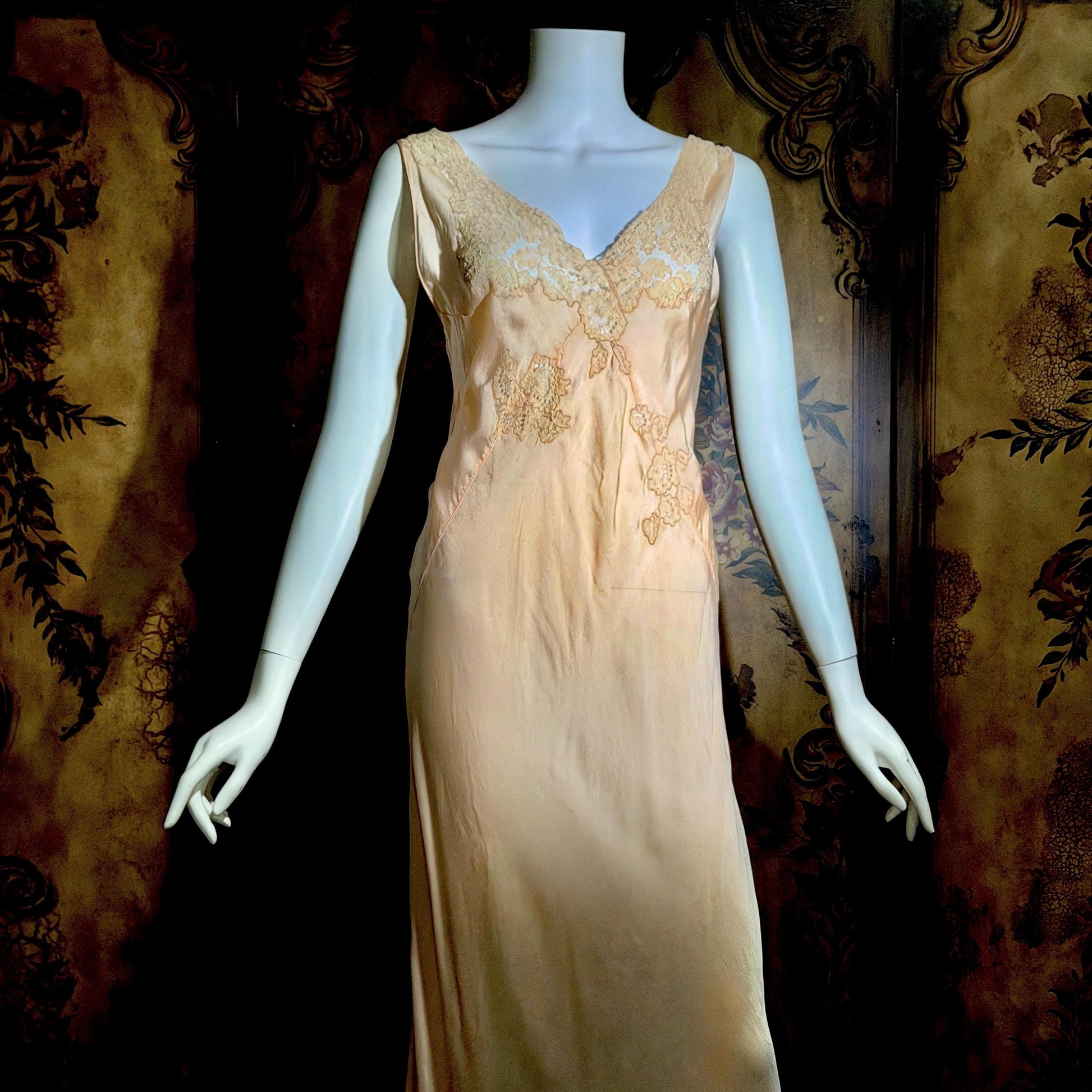vintage 1930s Peach silk dress, Alencon Lace bias cut lingerie dress, medium