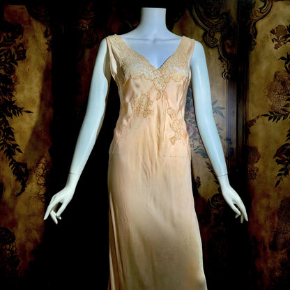 vintage 1930s Peach silk dress, Alencon Lace bias cut lingerie dress, medium