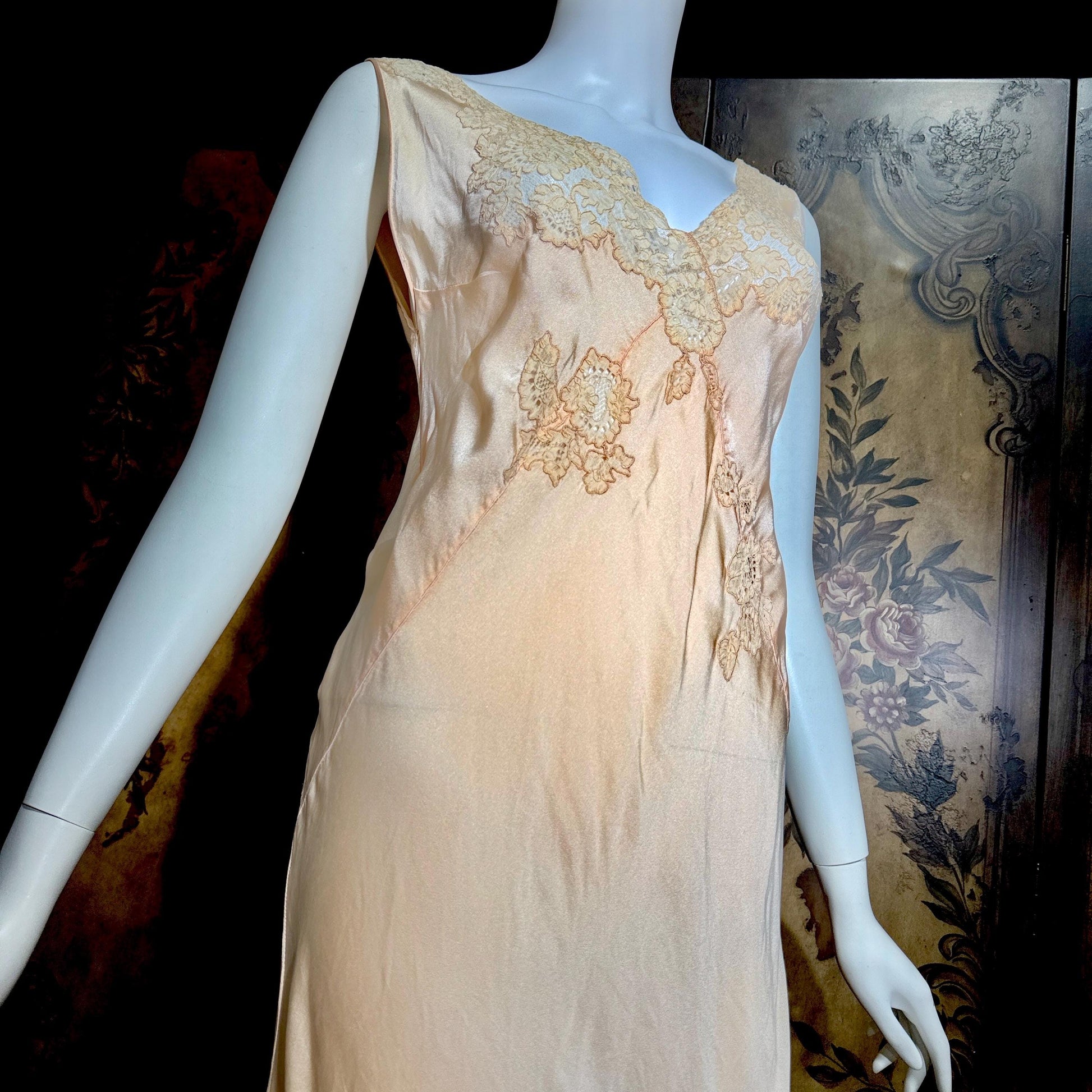 vintage 1930s Peach silk dress, Alencon Lace bias cut lingerie dress, medium