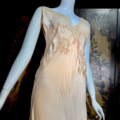 vintage 1930s Peach silk dress, Alencon Lace bias cut lingerie dress, medium