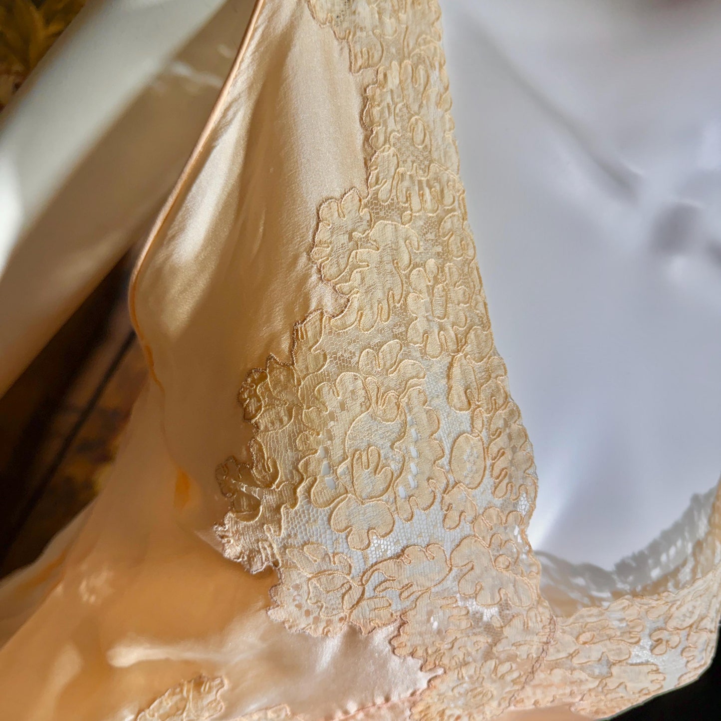 vintage 1930s Peach silk dress, Alencon Lace bias cut lingerie dress, medium