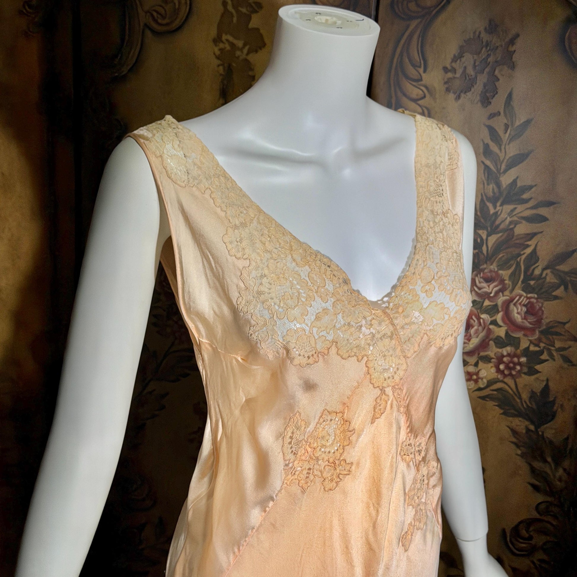 vintage 1930s Peach silk dress, Alencon Lace bias cut lingerie dress, medium