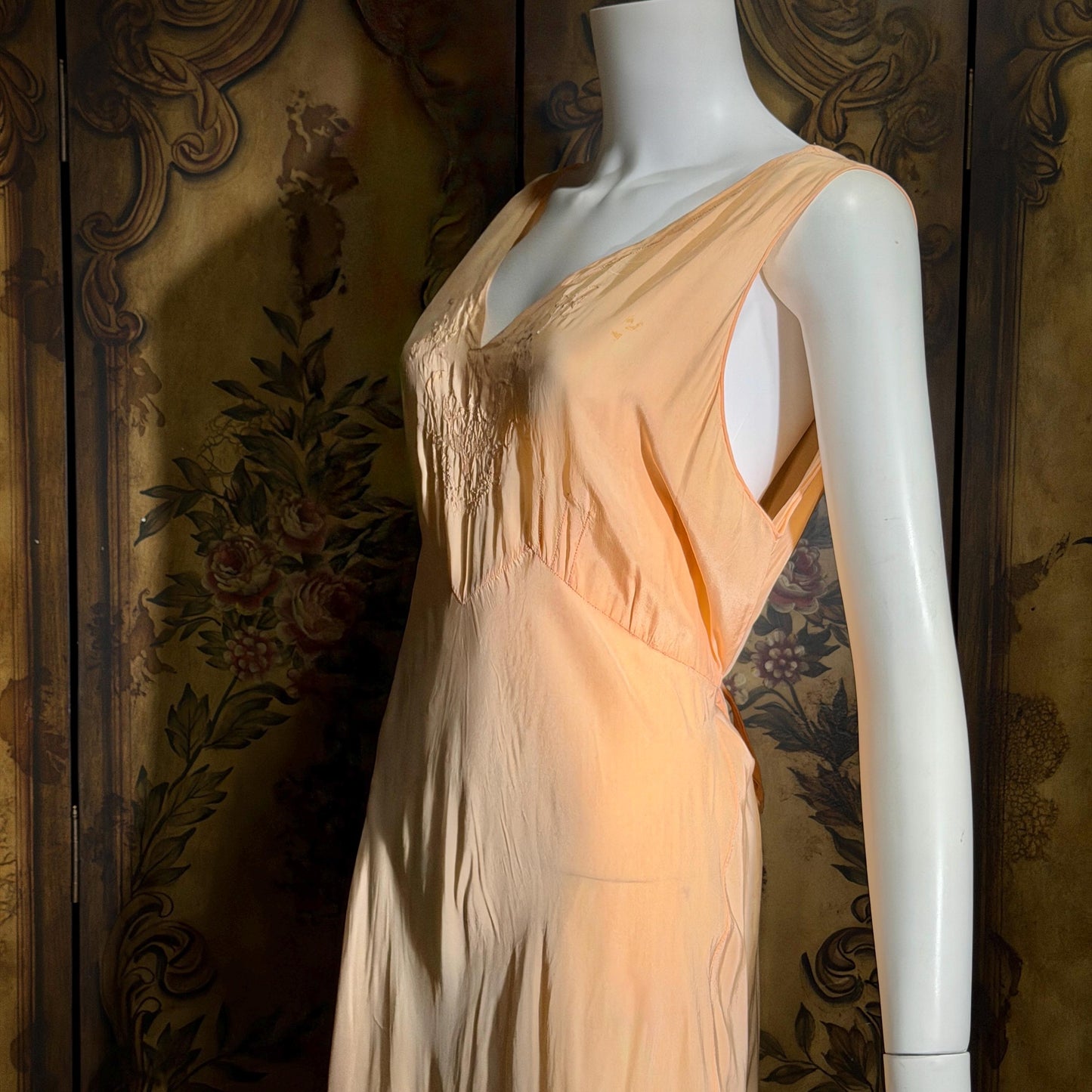 vintage 1930s Peach silk dress, MARSHALL FIELD & CO bias cut lingerie dress, Large
