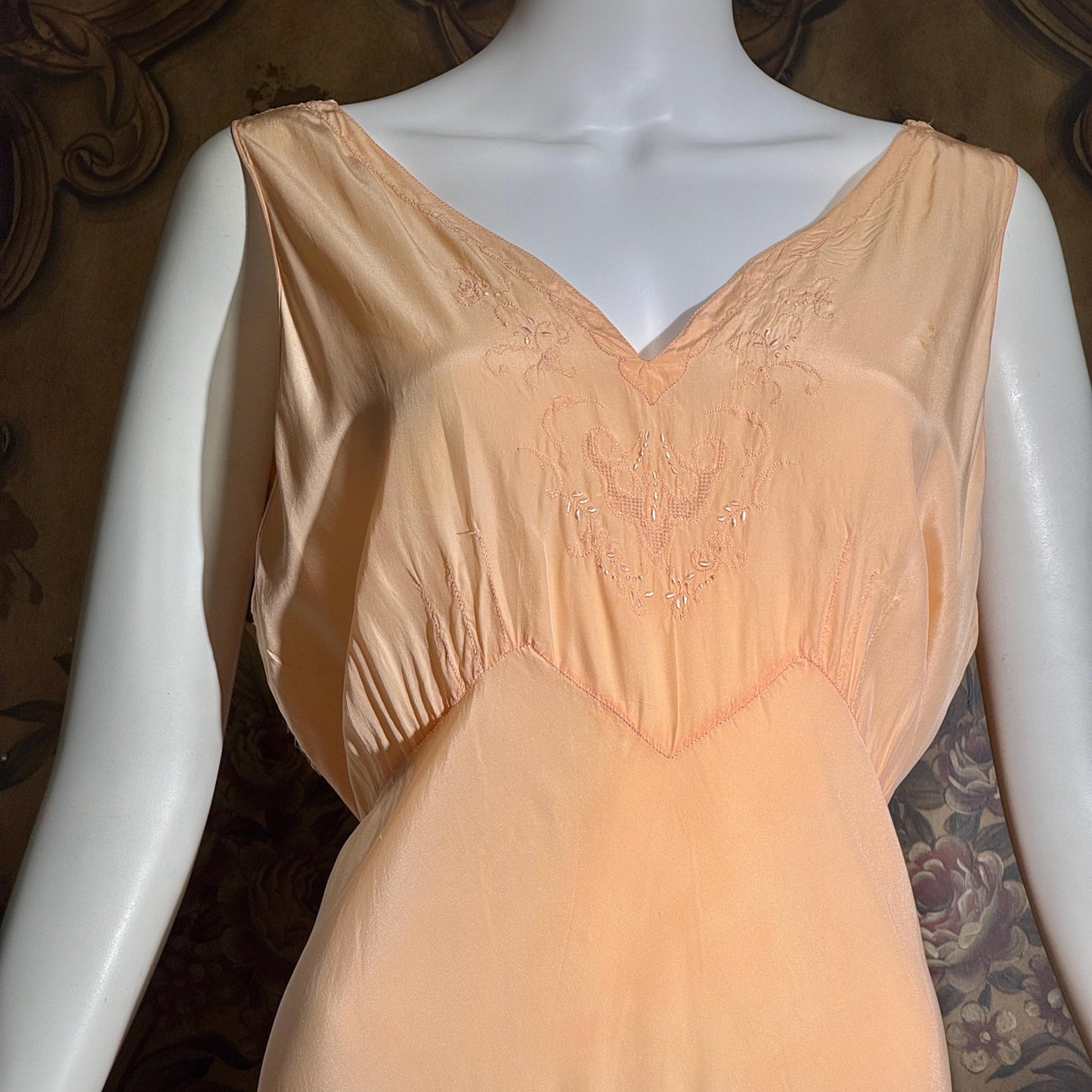 vintage 1930s Peach silk dress, MARSHALL FIELD & CO bias cut lingerie dress, Large