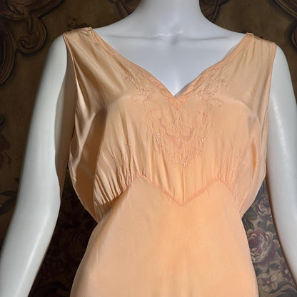 vintage 1930s Peach silk dress, MARSHALL FIELD & CO bias cut lingerie dress, Large