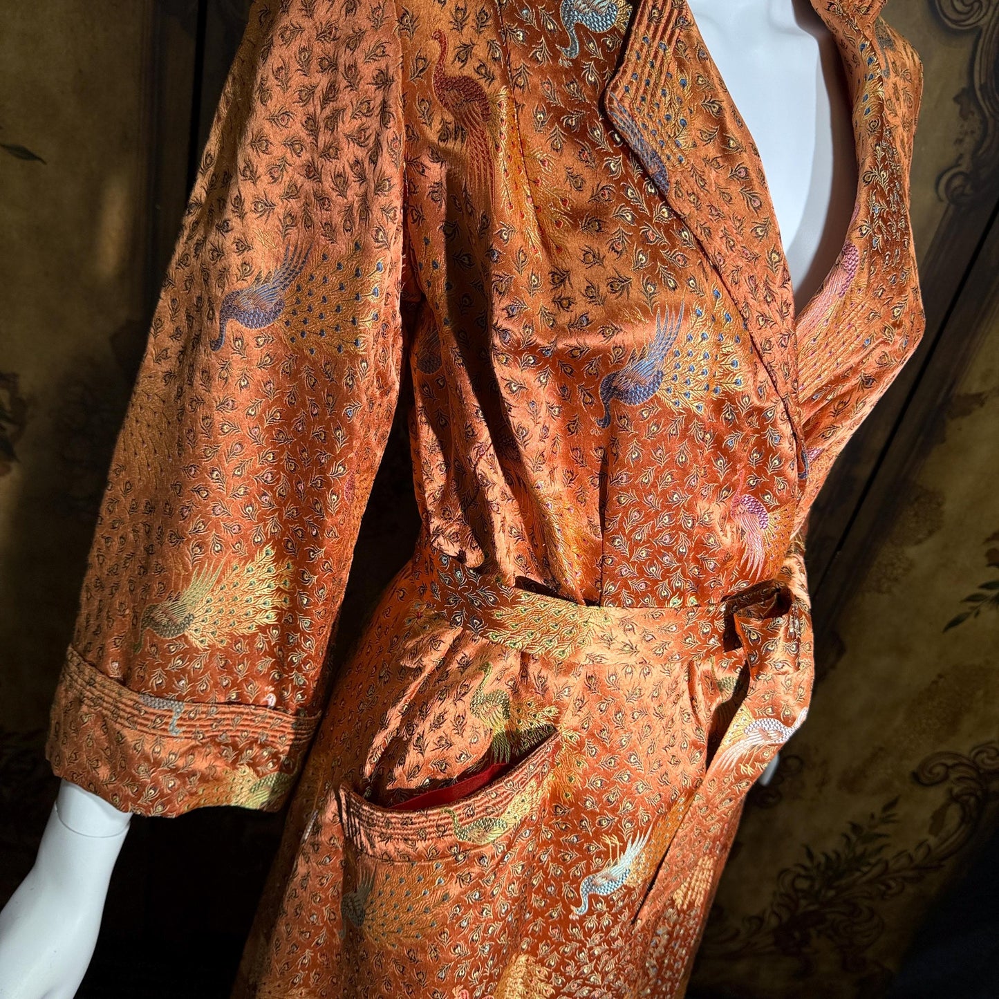 Vintage 1940s Chinoiserie Silk Dressing Gown Robe, EILEEN KERSHAW Hong Kong Satin Housecoat