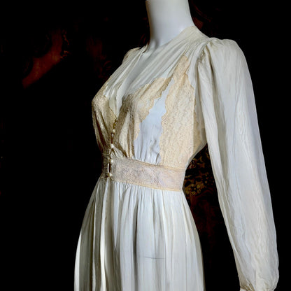 1930s vintage dressing gown robe, sheer off white shadow stripe peignoir housecoat