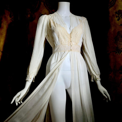 1930s vintage dressing gown robe, sheer off white shadow stripe peignoir housecoat