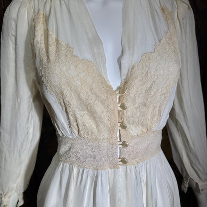 1930s vintage dressing gown robe, sheer off white shadow stripe peignoir housecoat