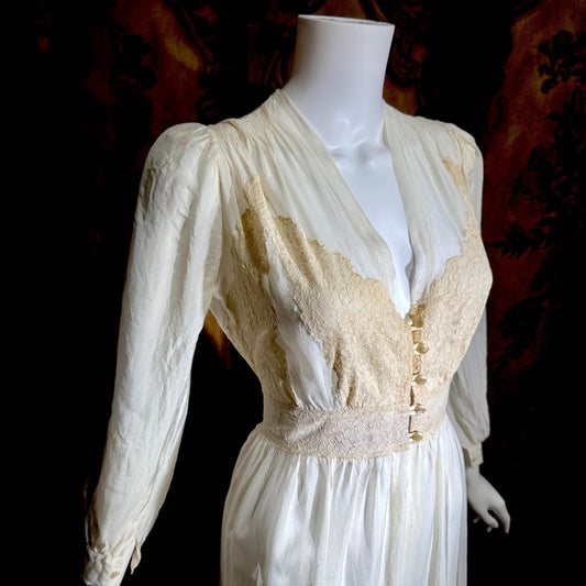 1930s vintage dressing gown robe, sheer off white shadow stripe peignoir housecoat