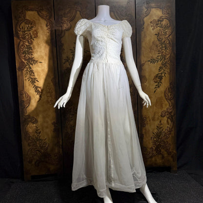 1940s Vintage White Dress, Sheer white lace and chiffon Nylon lingerie dress