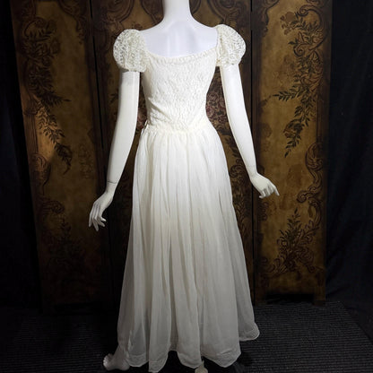 1940s Vintage White Dress, Sheer white lace and chiffon Nylon lingerie dress