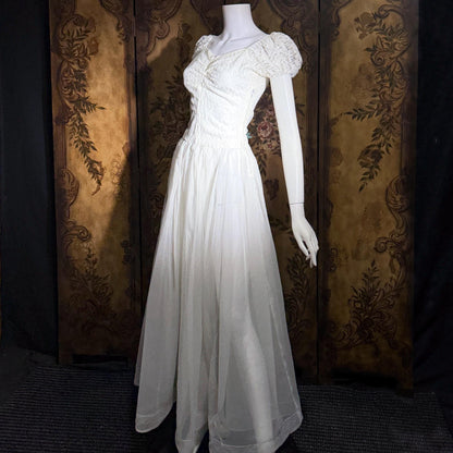 1940s Vintage White Dress, Sheer white lace and chiffon Nylon lingerie dress