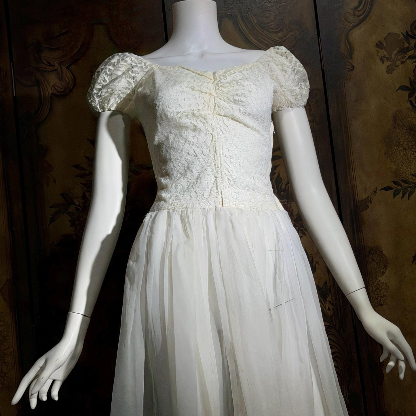 1940s Vintage White Dress, Sheer white lace and chiffon Nylon lingerie dress