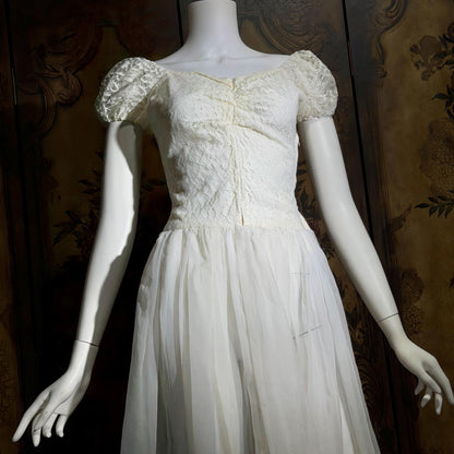 1940s Vintage White Dress, Sheer white lace and chiffon Nylon lingerie dress