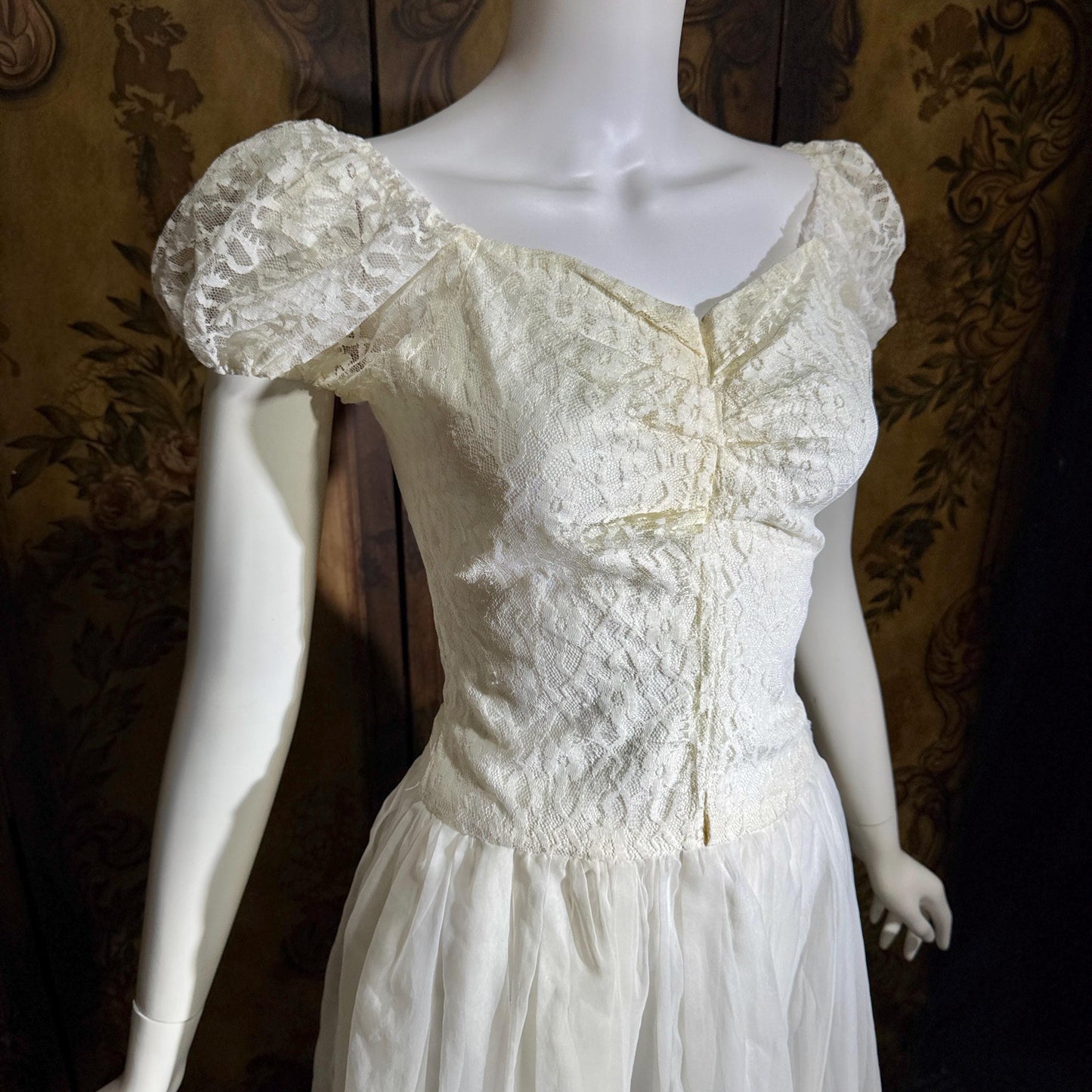 1940s Vintage White Dress, Sheer white lace and chiffon Nylon lingerie dress