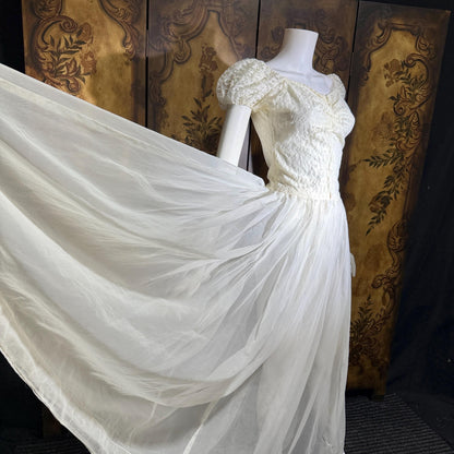 1940s Vintage White Dress, Sheer white lace and chiffon Nylon lingerie dress