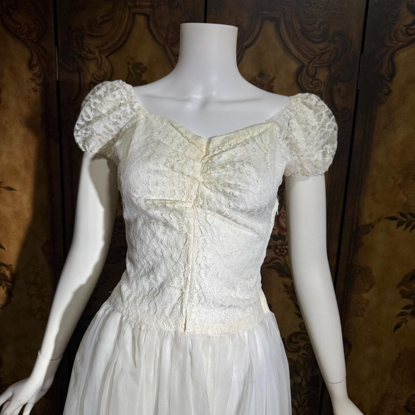 1940s Vintage White Dress, Sheer white lace and chiffon Nylon lingerie dress