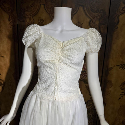 1940s Vintage White Dress, Sheer white lace and chiffon Nylon lingerie dress