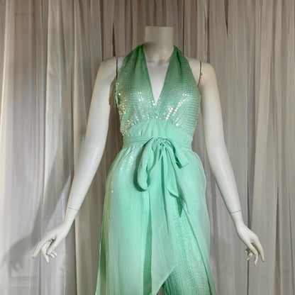 ESTEVEZ vintage 1970s evening jumpsuit, Disco Studio 54 Sea foam Green cocktail sequin halter jumpsuit