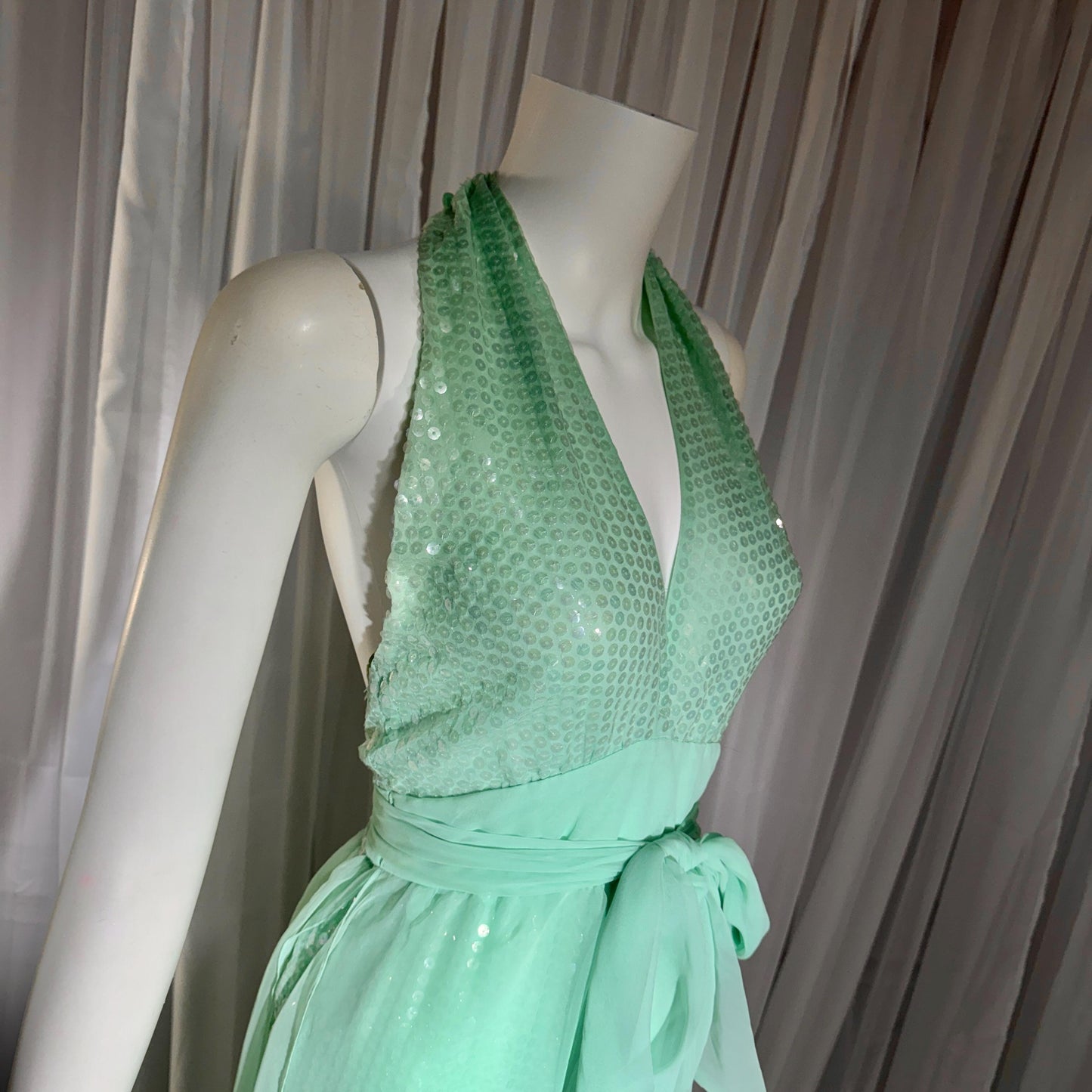 ESTEVEZ vintage 1970s evening jumpsuit, Disco Studio 54 Sea foam Green cocktail sequin halter jumpsuit