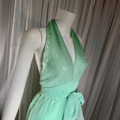 ESTEVEZ vintage 1970s evening jumpsuit, Disco Studio 54 Sea foam Green cocktail sequin halter jumpsuit