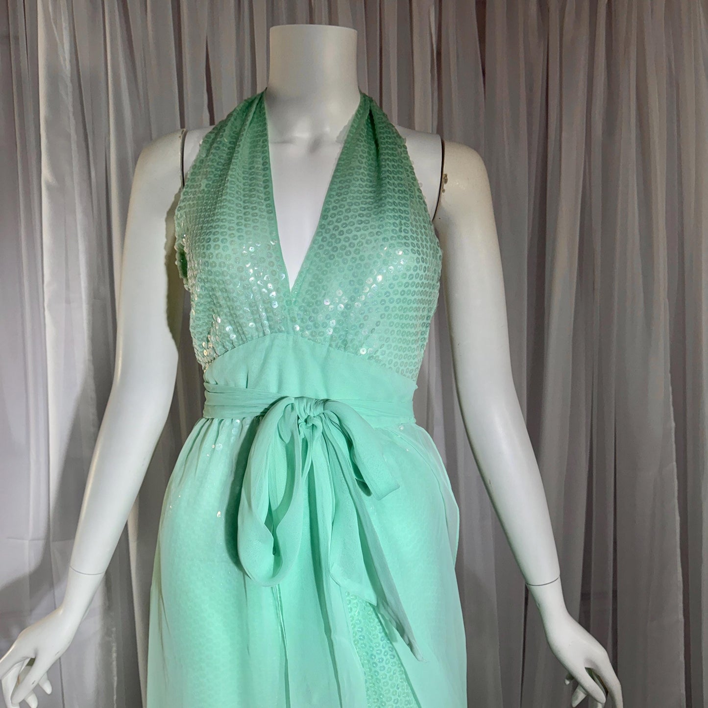 ESTEVEZ vintage 1970s evening jumpsuit, Disco Studio 54 Sea foam Green cocktail sequin halter jumpsuit