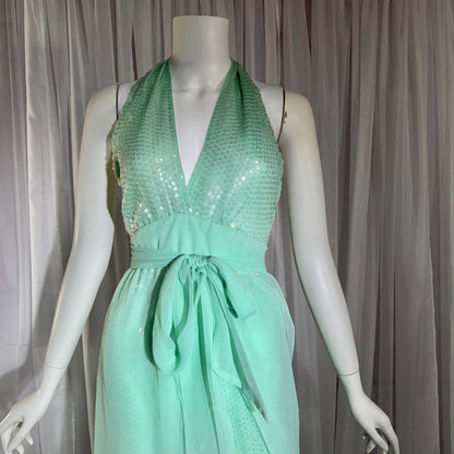 ESTEVEZ vintage 1970s evening jumpsuit, Disco Studio 54 Sea foam Green cocktail sequin halter jumpsuit