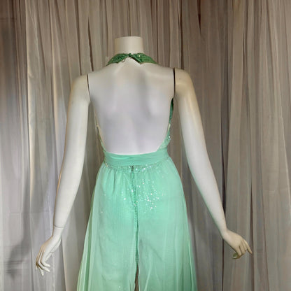 ESTEVEZ vintage 1970s evening jumpsuit, Disco Studio 54 Sea foam Green cocktail sequin halter jumpsuit