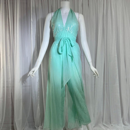 ESTEVEZ vintage 1970s evening jumpsuit, Disco Studio 54 Sea foam Green cocktail sequin halter jumpsuit