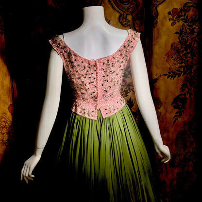 Vintage PAT SANDLER cocktail party dress, 1960s for Highlight Pink Green heavily beaded silk dress