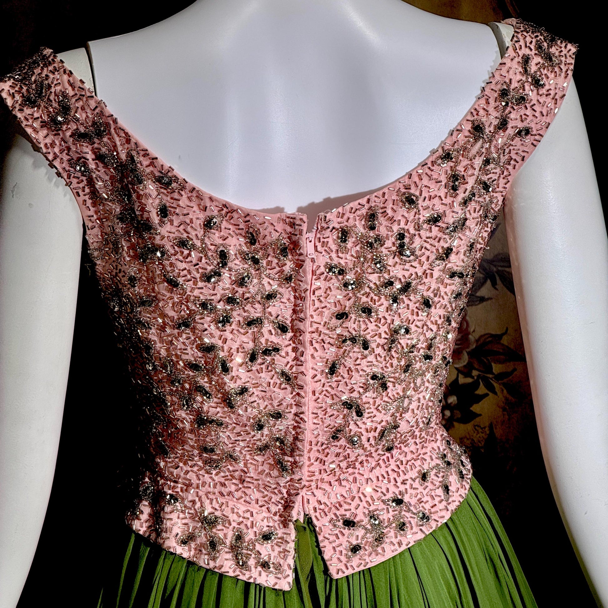 Vintage PAT SANDLER cocktail party dress, 1960s for Highlight Pink Green heavily beaded silk dress