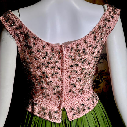 Vintage PAT SANDLER cocktail party dress, 1960s for Highlight Pink Green heavily beaded silk dress