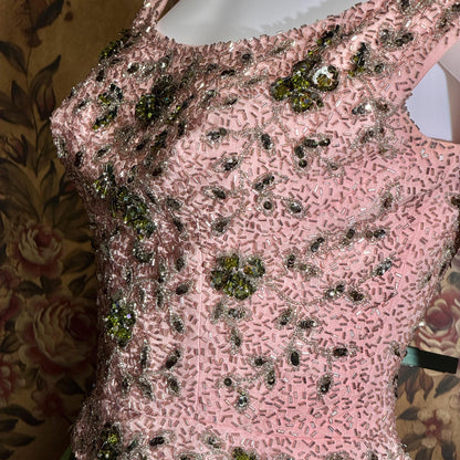 Vintage PAT SANDLER cocktail party dress, 1960s for Highlight Pink Green heavily beaded silk dress