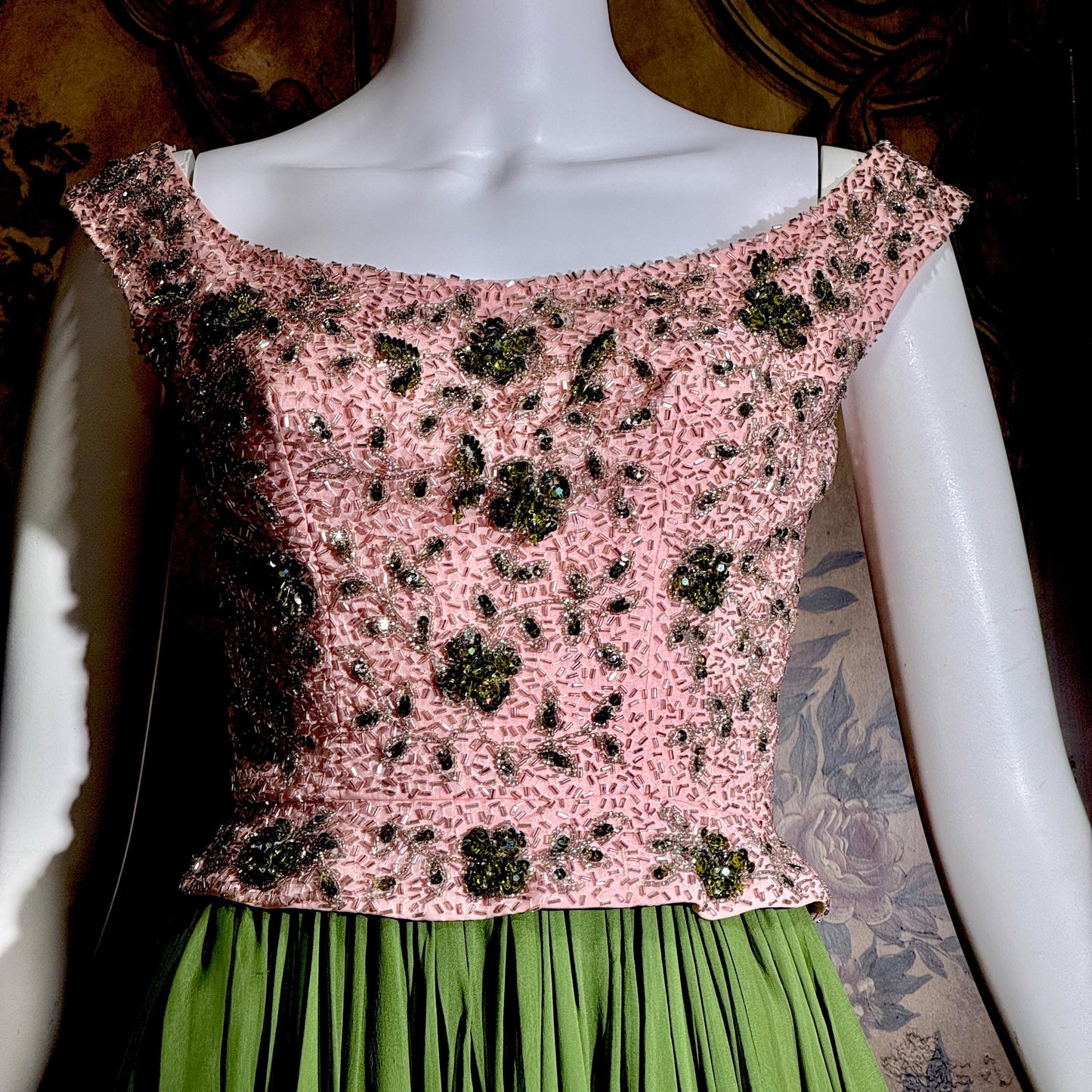 Vintage PAT SANDLER cocktail party dress, 1960s for Highlight Pink Green heavily beaded silk dress