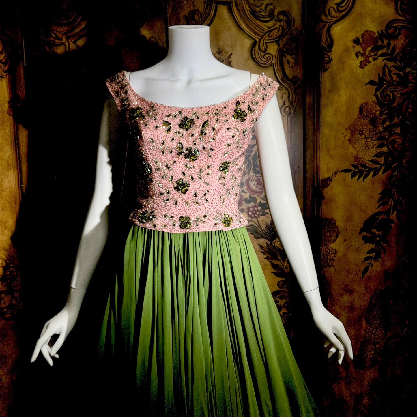Vintage PAT SANDLER cocktail party dress, 1960s for Highlight Pink Green heavily beaded silk dress