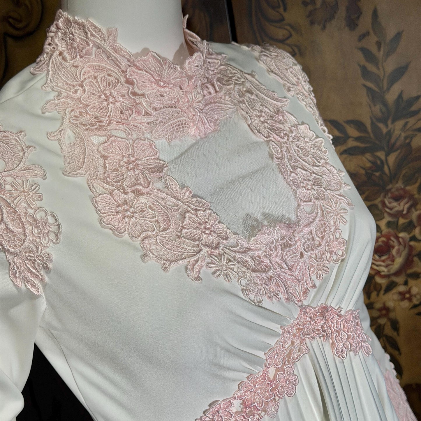 Vintage 1970s wedding dress gown, White pleated high neck jersey knit gown & train