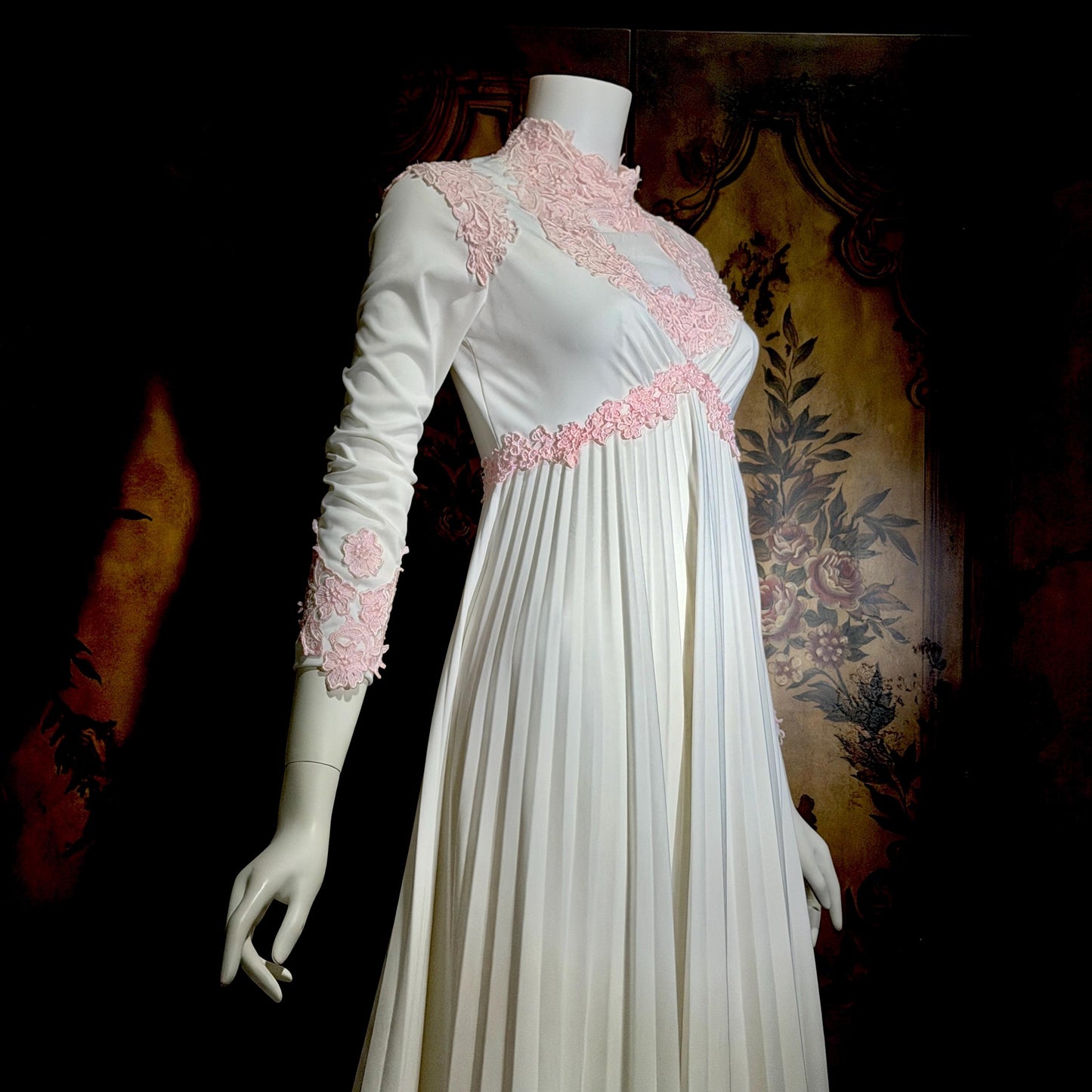 Vintage 1970s wedding dress gown, White pleated high neck jersey knit gown & train