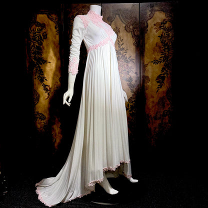 Vintage 1970s wedding dress gown, White pleated high neck jersey knit gown & train