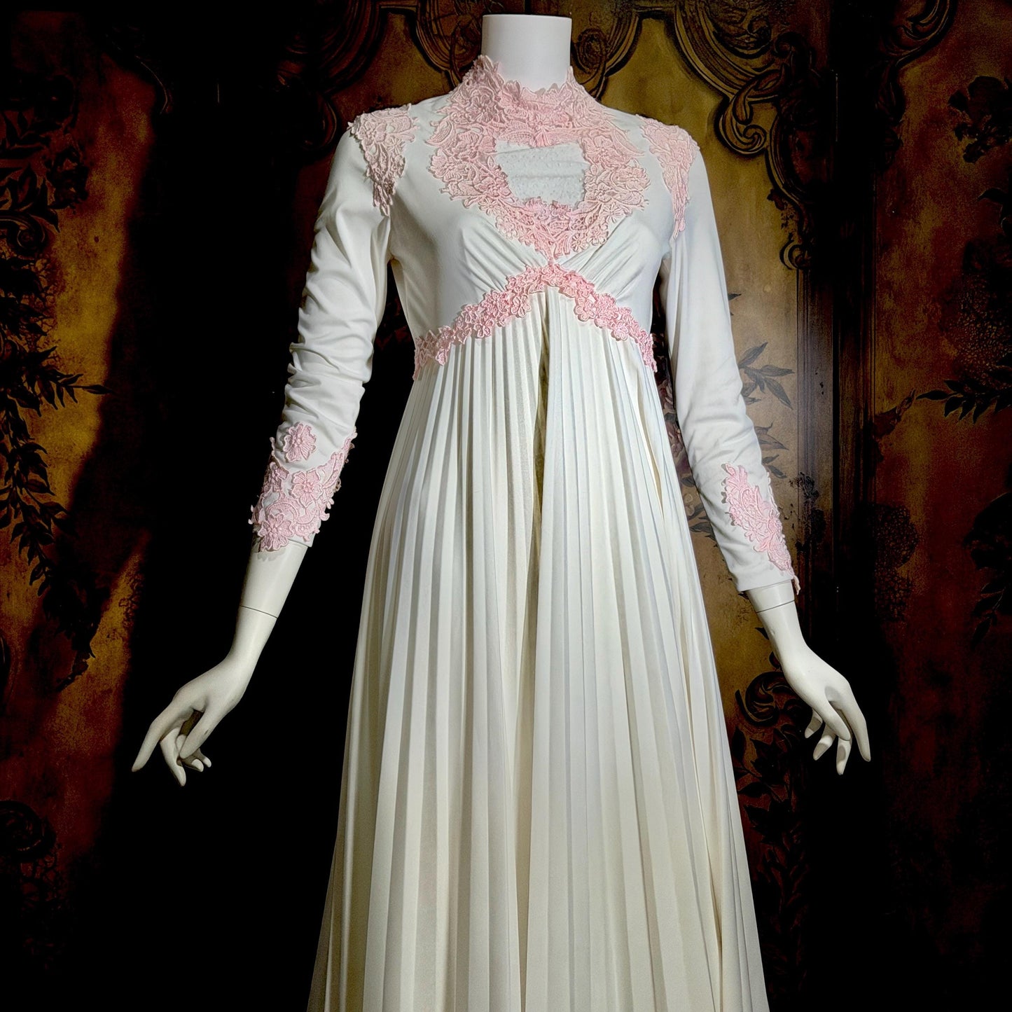 Vintage 1970s wedding dress gown, White pleated high neck jersey knit gown & train