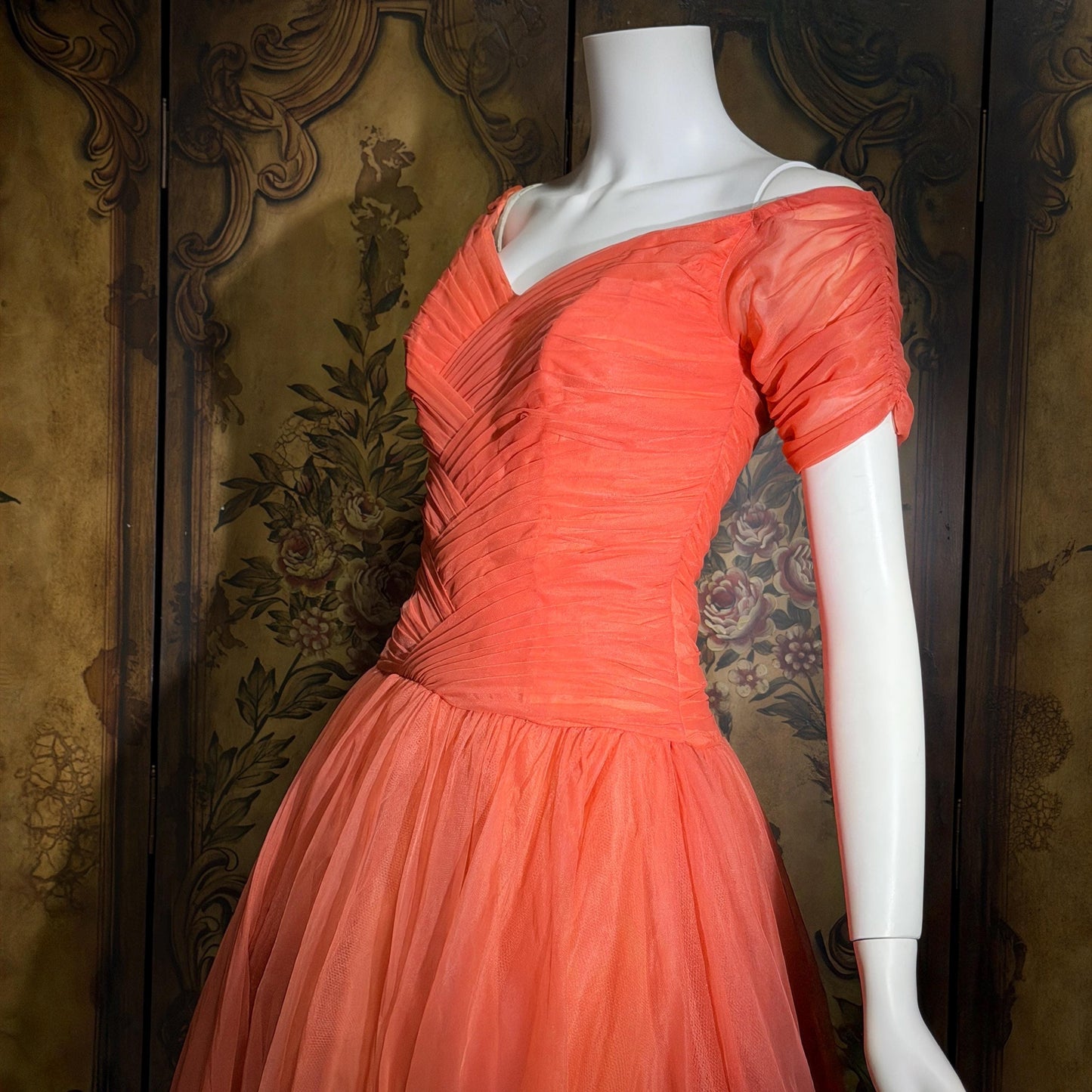 vintage 1950s party dress, MISS CANE burnt coral orange tulle cocktail dress