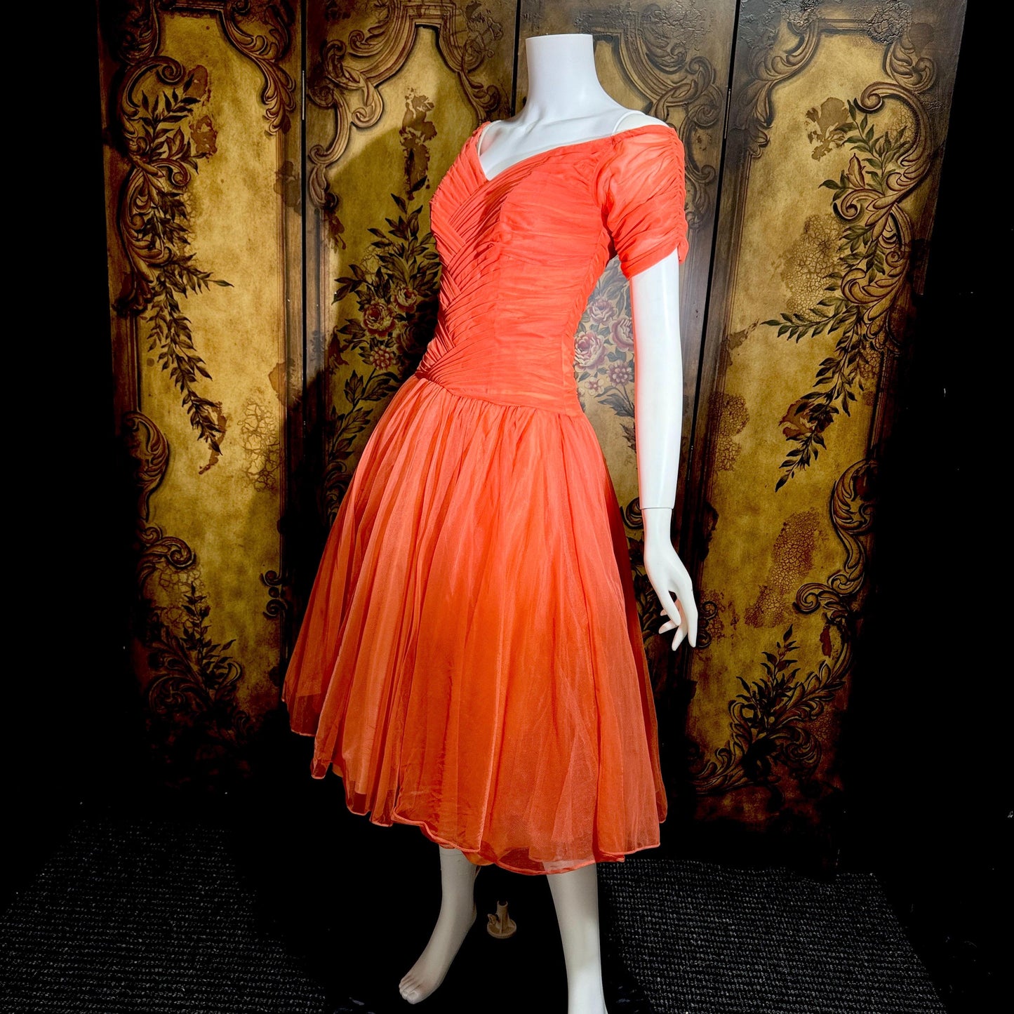 vintage 1950s party dress, MISS CANE burnt coral orange tulle cocktail dress