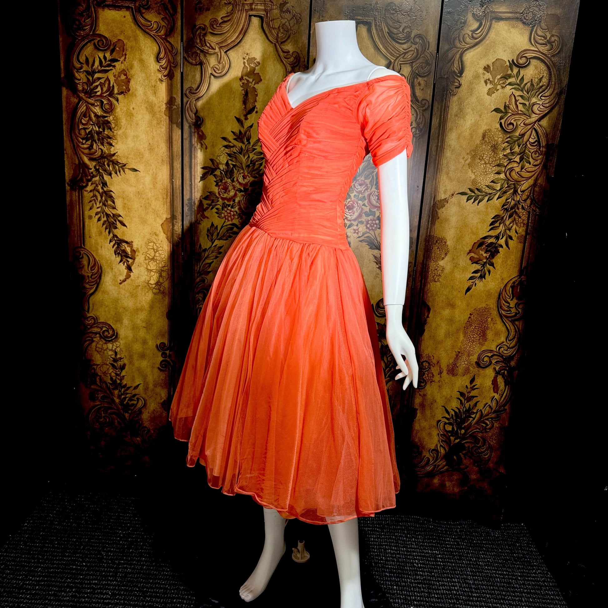 vintage 1950s party dress, MISS CANE burnt coral orange tulle cocktail dress