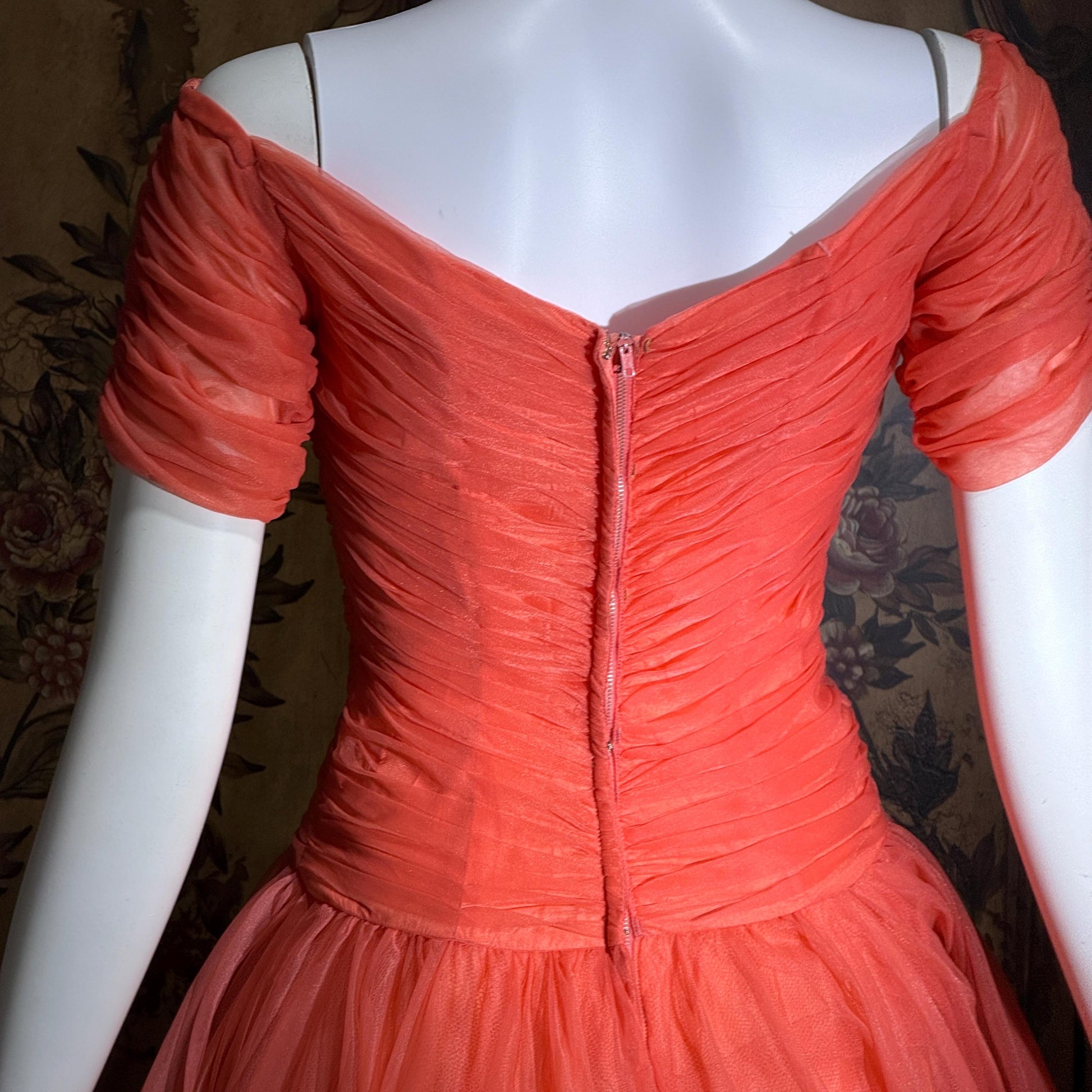 vintage 1950s party dress, MISS CANE burnt coral orange tulle cocktail dress