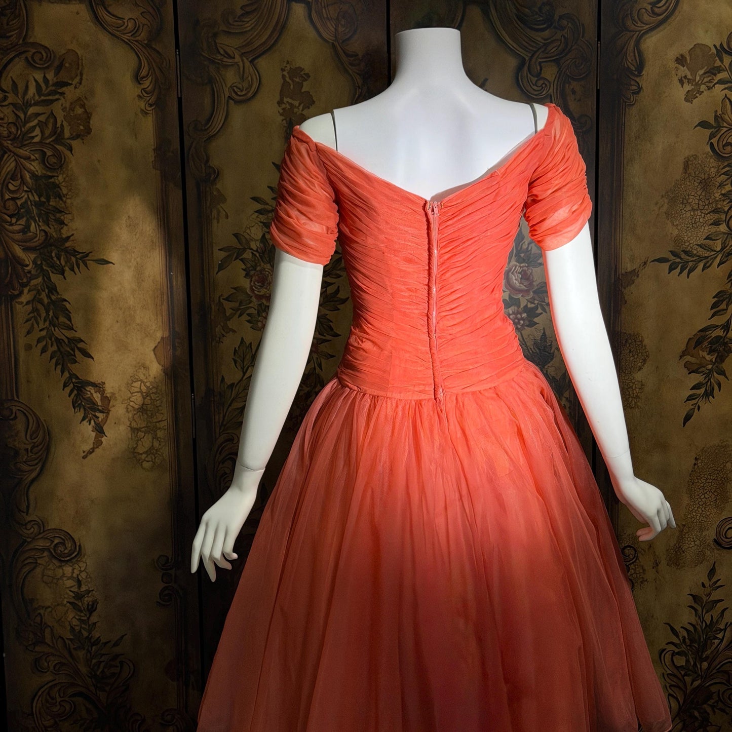 vintage 1950s party dress, MISS CANE burnt coral orange tulle cocktail dress
