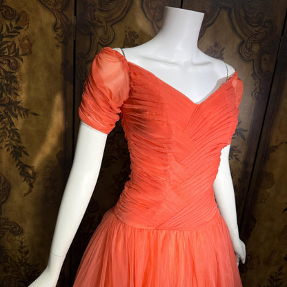 vintage 1950s party dress, MISS CANE burnt coral orange tulle cocktail dress